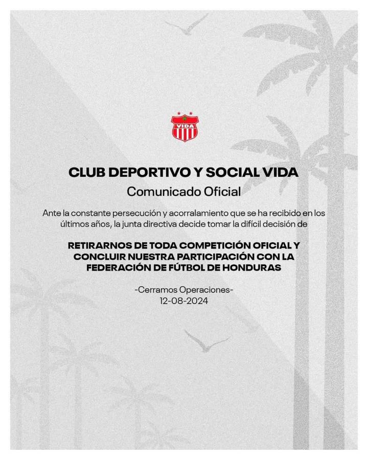 ¡Triste noticia! El Vida se retira del fútbol de Honduras