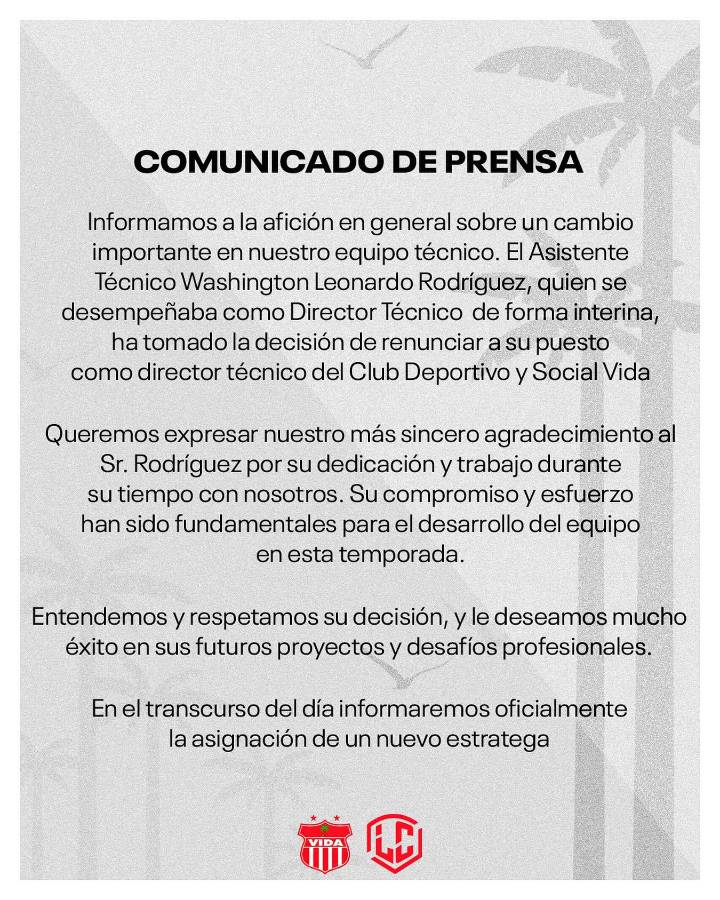 Comunicado oficial del Vida.