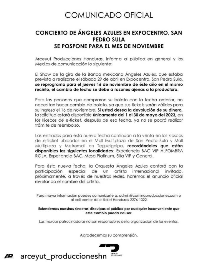 El comunicado oficial compartido por la productora Arceyut Producciones Honduras.