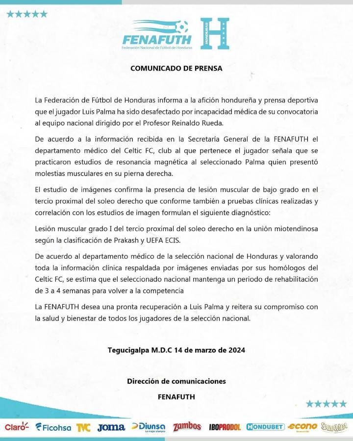 Comunicado de Fenafuth sobre Luis Palma.