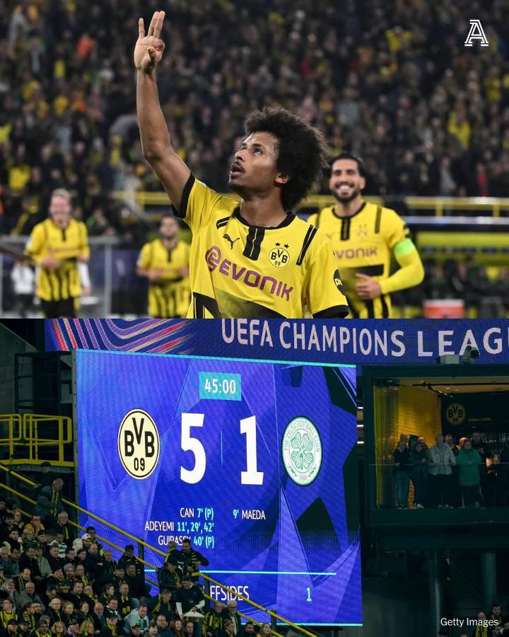 Karim Adeyemi marcó tres goles en el primer tiempo para la paliza del Dortmund.