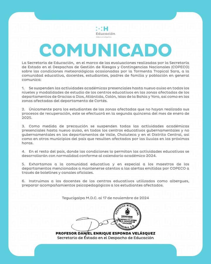 Comunicado de la Secretaría de Educación