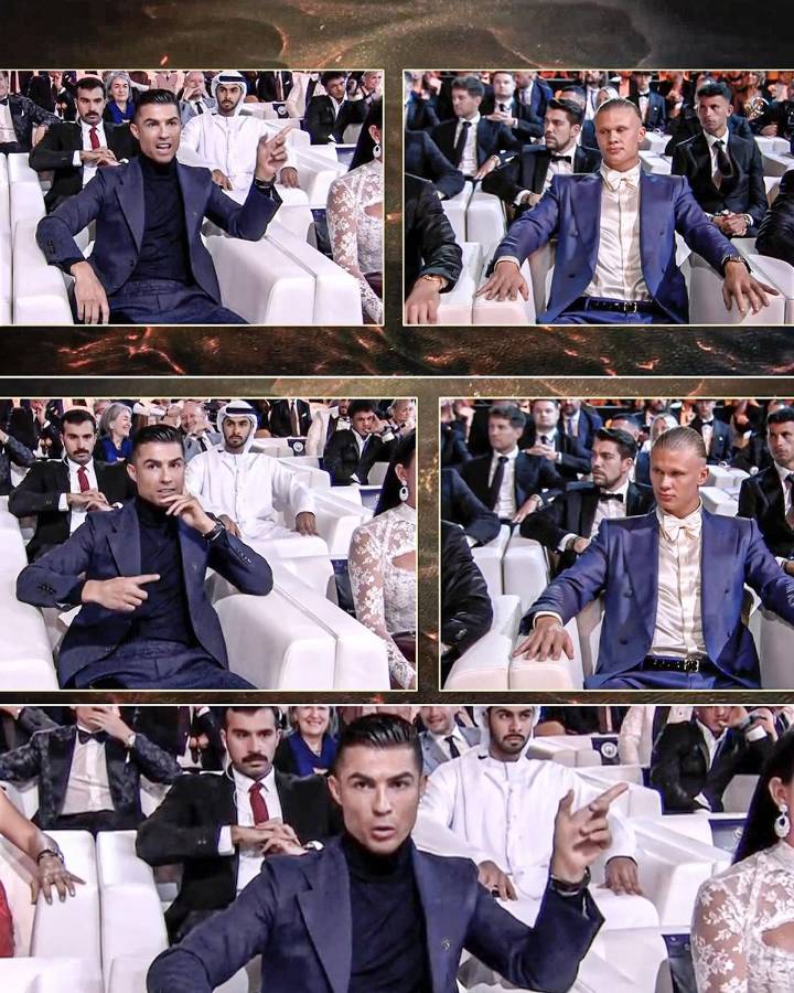 Cristiano Ronaldo señalando en dirección a Erling Haaland antes de anunciar el ganador del premio al Mejor Jugador del Año en los Globe Soccer Awards.