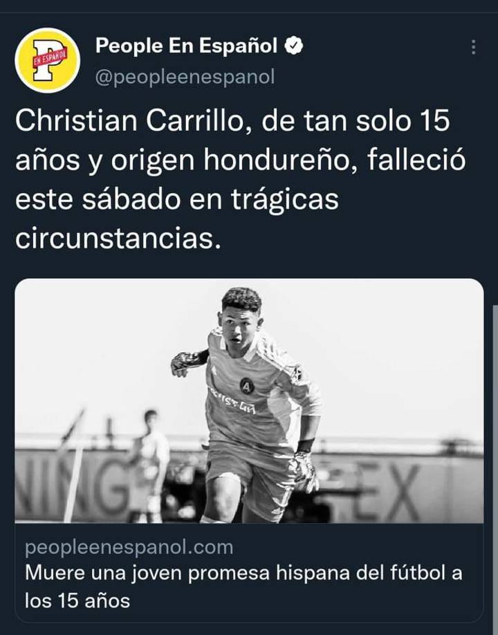 People en España: “Christian Carillo, de tan solo 15 años y origen hondureño, falleció este sábado en trágicas circunstancias”.