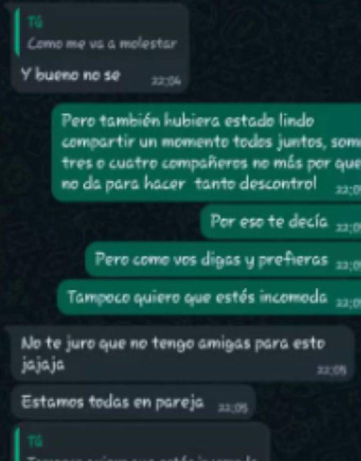 En un determinado momento de la charla, el portero Sosa incluso llegó a preguntarle a la chica si no tenía más amigas para invitar, pero no tuvo respuesta positiva de la mujer. De hecho, ella dejó trascender que “estamos todas en pareja“.
