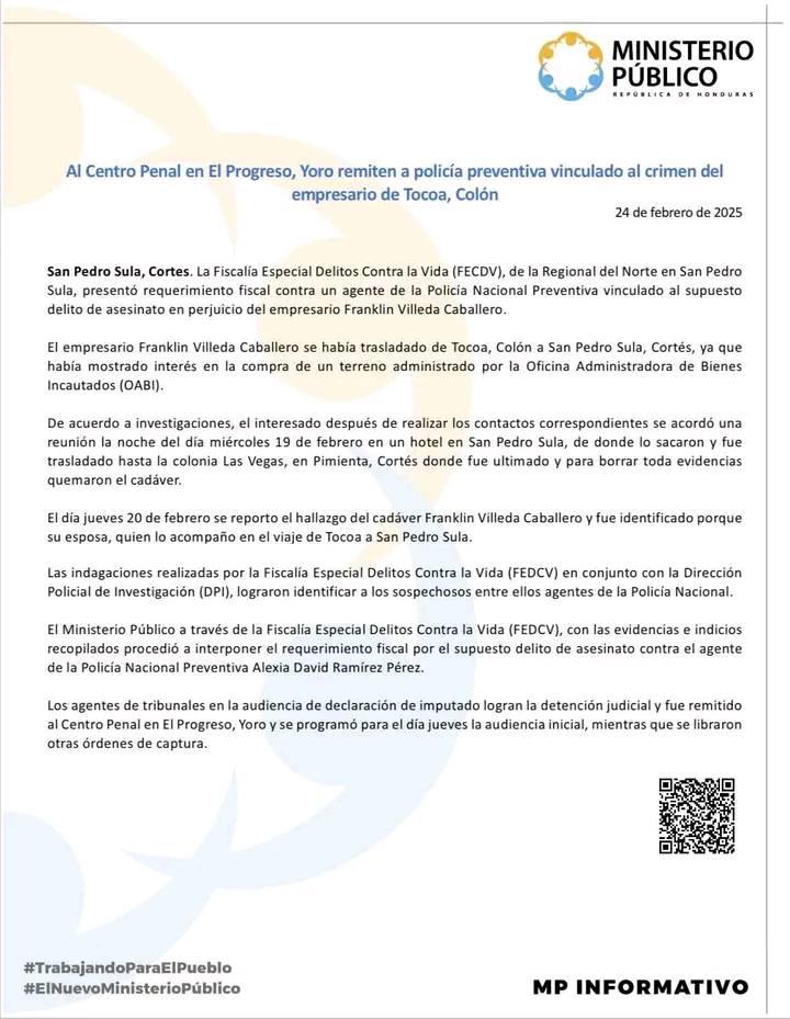 Envían a prisión a policía implicado en muerte de empresario Franklin Villeda