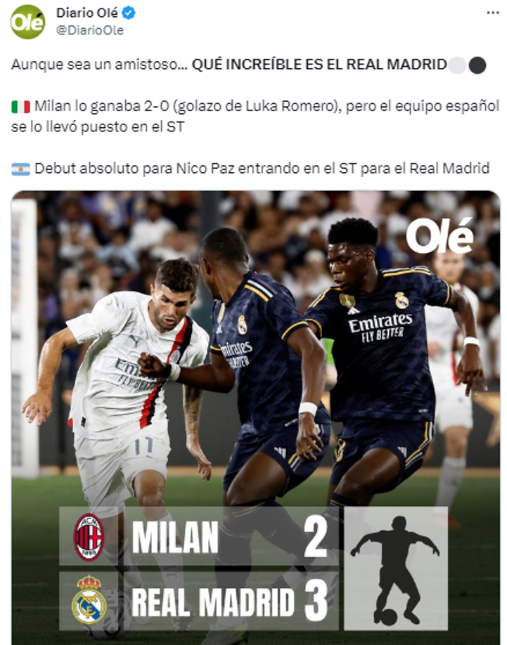 Diario Olé de Argentina: “Aunque sea un amistoso... QUÉ INCREÍBLE ES EL REAL MADRID”