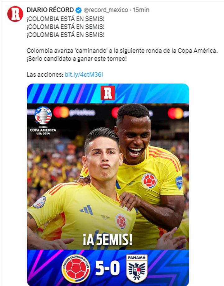 Diario Récord de México - “Colombia avanza ‘caminando’ a la siguiente ronda de la Copa América. ¡Serio candidato a ganar este torneo!”. 