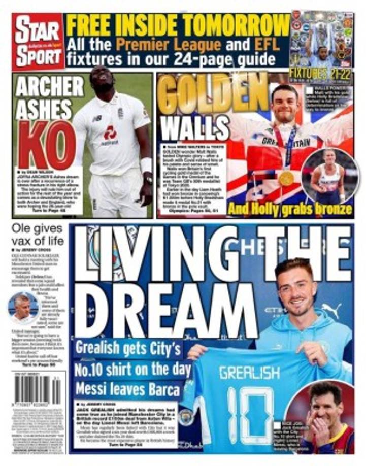 Star Sport (Inglaterra) - “Viviendo el sueño. Jack Grealish consigue la camiseta número 10 del Manchester City el día que Messi deja el Barça”.