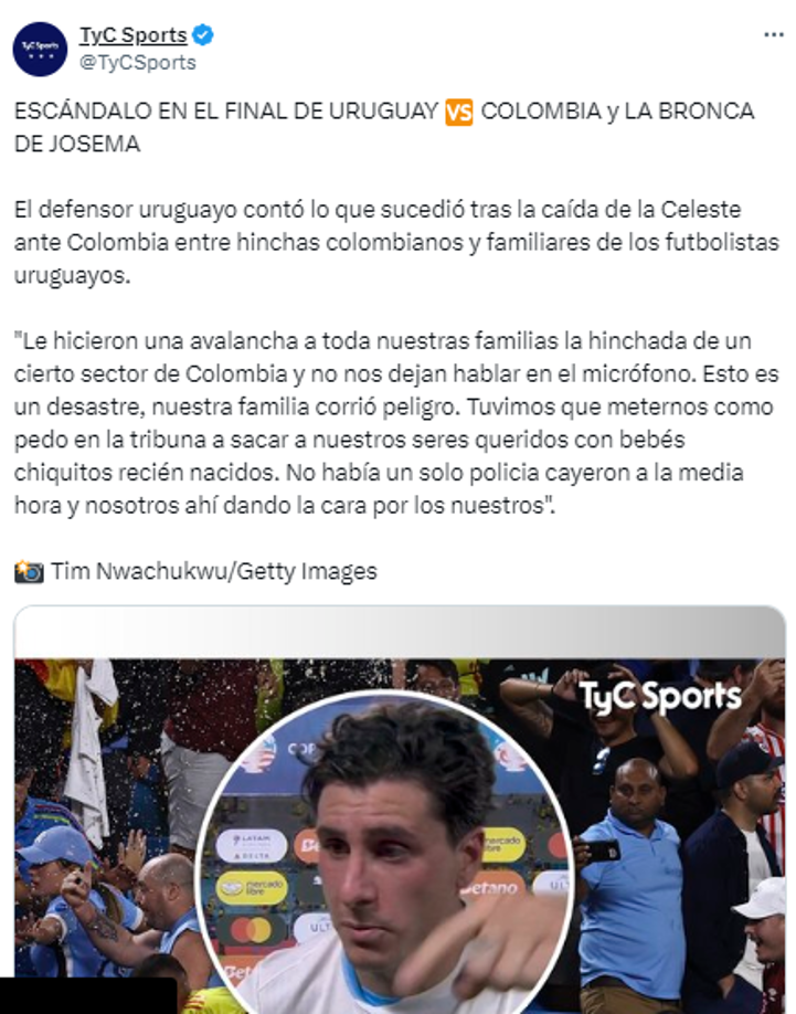 Jose María Giménez, el defensa central de Uruguay, dio su versión de los hechos en el micrófono de DirecTV y acusó a una parte de la afición colombiana de hacer una avalancha sobre sus familias.