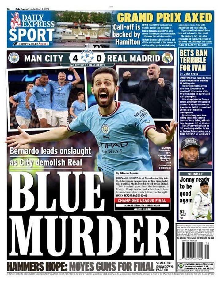 Daily Express - “Asesinato azul”. “Bernardo libera la embestida y el City destruye al Real Madrid”.