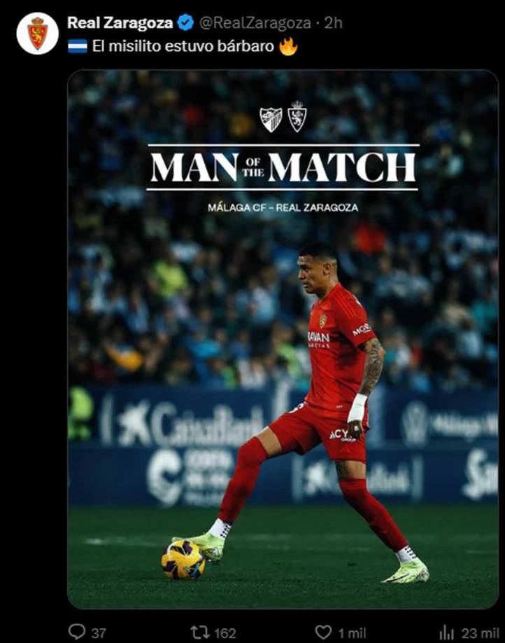 Kervin Arriaga feue elegido como el Jugador del Partido y el Zaragoza lo elogió. “El Misilito estuvo bárbaro”.