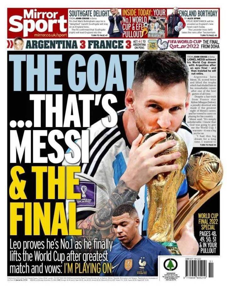 Mirror de Inglaterra: “El mejor de la historia (GOAT en su siglas en inglés)... ese es Messi y la final”.