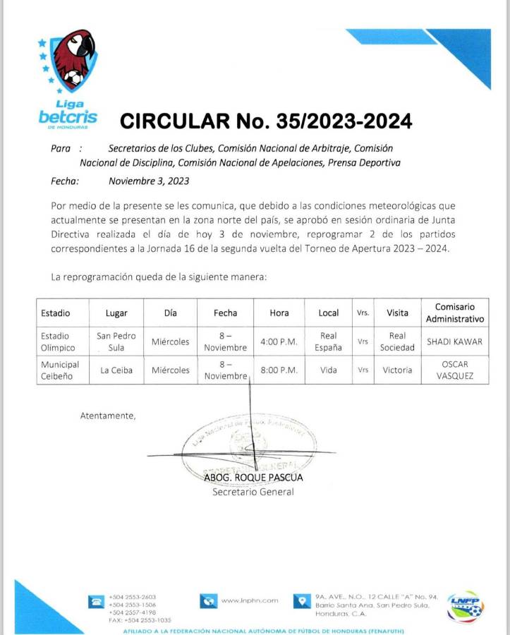 La circular que emitió la Liga Nacional de Honduras para las reprogramaciones de los dos partidos.