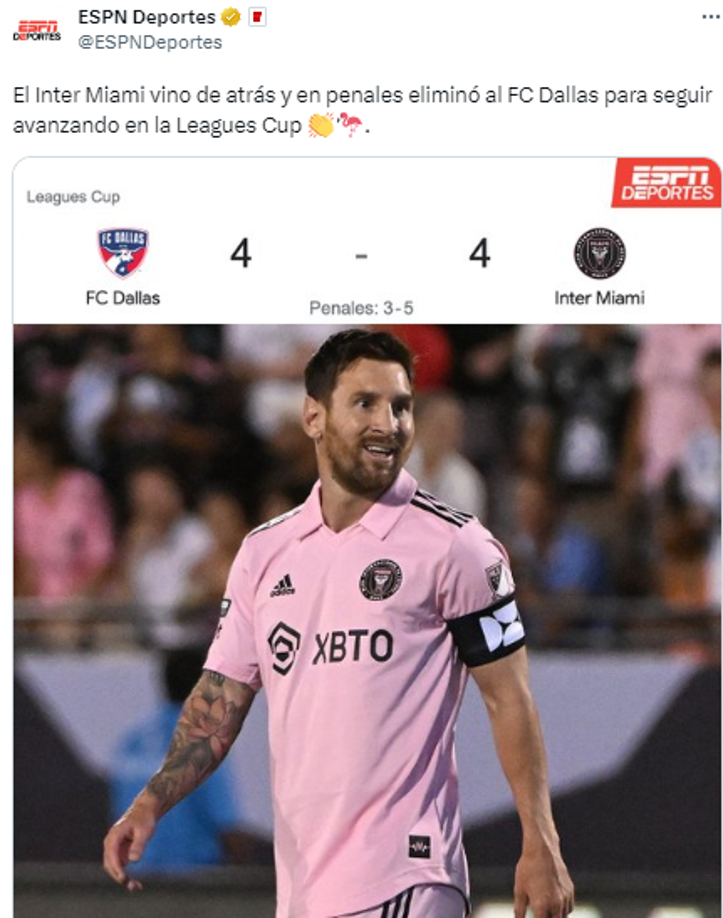 ESPN: “El Inter Miami vino de atrás y en penales eliminó al FC Dallas para seguir avanzando en la Leagues Cup”.