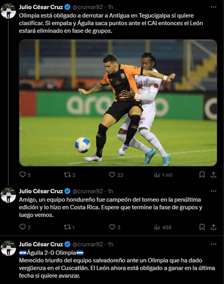 Julio César Cruz, de Diario El Heraldo: “Merecido triunfo del Águila ante un Olimpia que ha dado vergüenza en el Cuscatlán. El León ahora está obligado a ganar en la última fecha si quiere avanzar”.