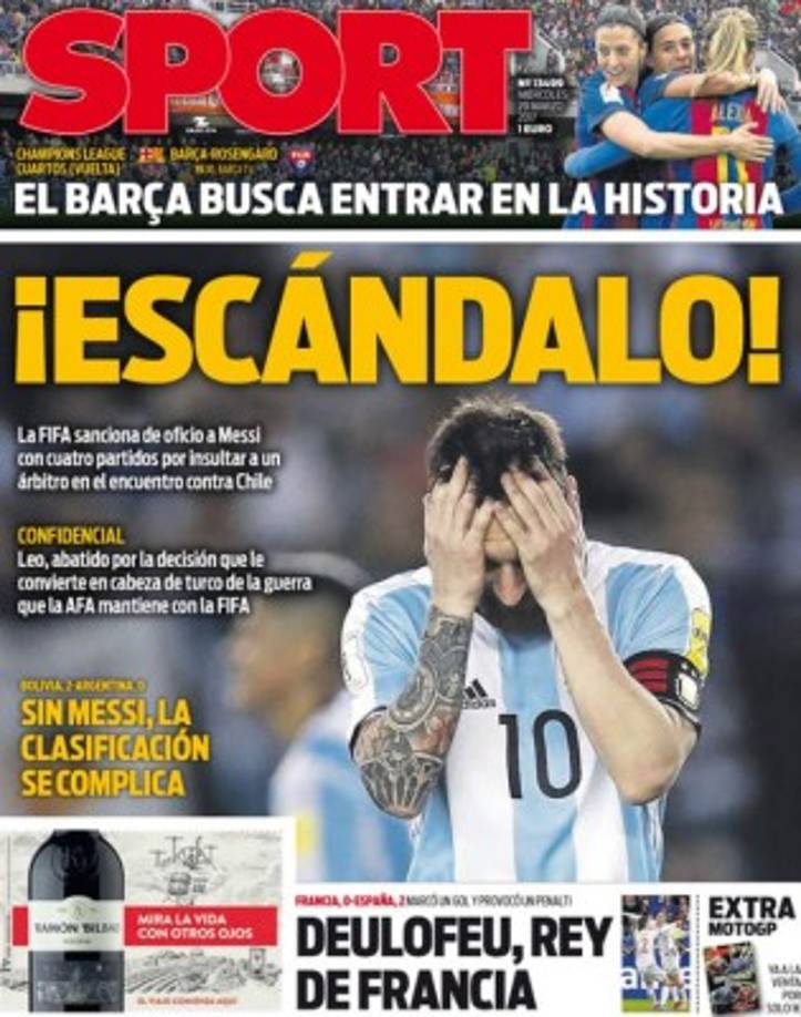 El diario Sport de España habla el castigo de 4 juegos a Messi con Argentina por parte de la Fifa.