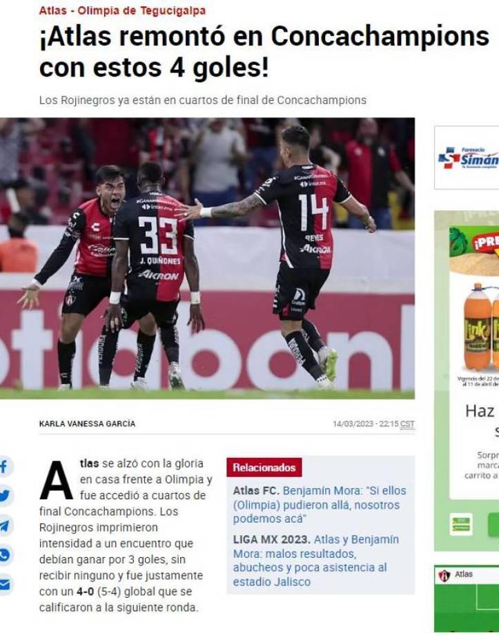 Medios internacionales como Mundo Deportivo de España: “Atlas remontó en Concachampions”.