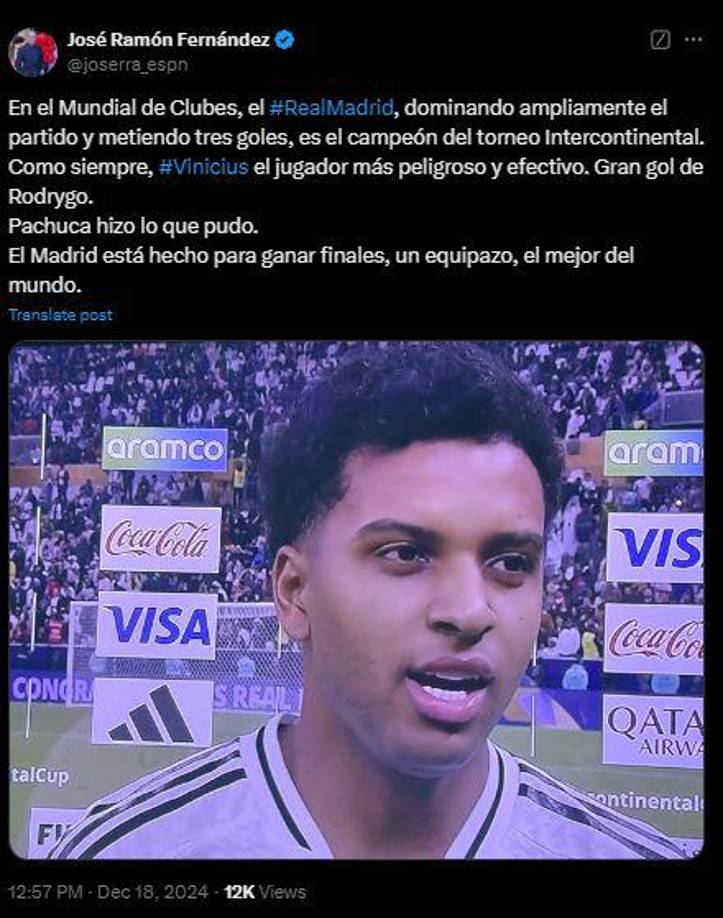 José Ramón Fernández: “Pachuca hizo lo que pudo. El Madrid está hecho para ganar finales, un equipazo, el mejor del mundo”.