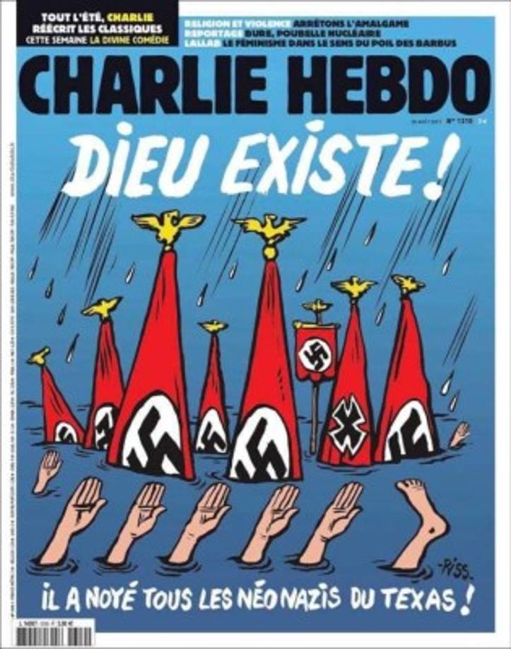 FRANCIA. Otra portada polémica. Charlie Hebdo aplaude la tragedia de Texas en su portada: “Dios existe, ahogó a todos los neonazis”.