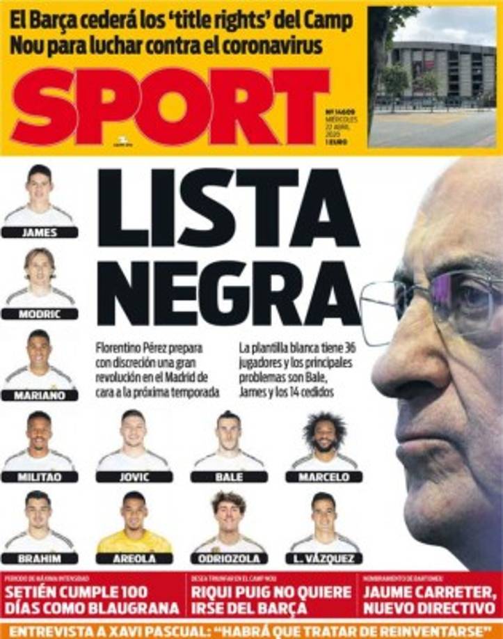 Diario Sport en su portada de este miércoles 22 de abril ha revelado los 11 jugadores que se estarían marchando del Real Madrid.