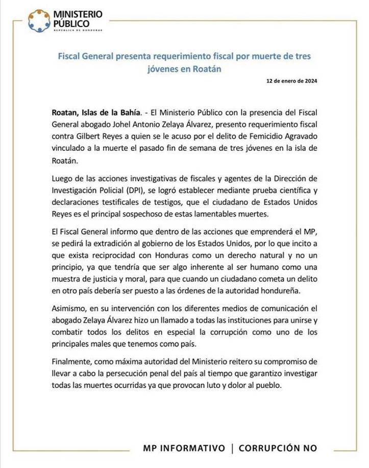 La nota de prensa del Ministerio Público.