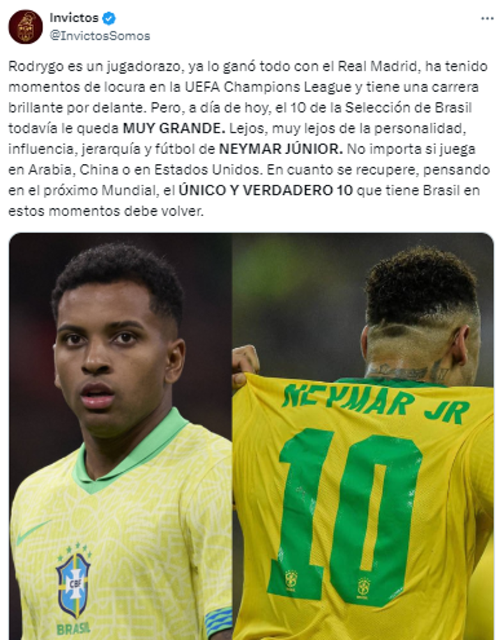 En Invictos también señalan a Rodrygo: “Es un jugadorazo, ya lo ganó todo con el Real Madrid, ha tenido momentos de locura en la Champions y tiene una carrera brillante por delante. Pero, a día de hoy, el 10 de la Selección de Brasil todavía le queda MUY GRANDE”.