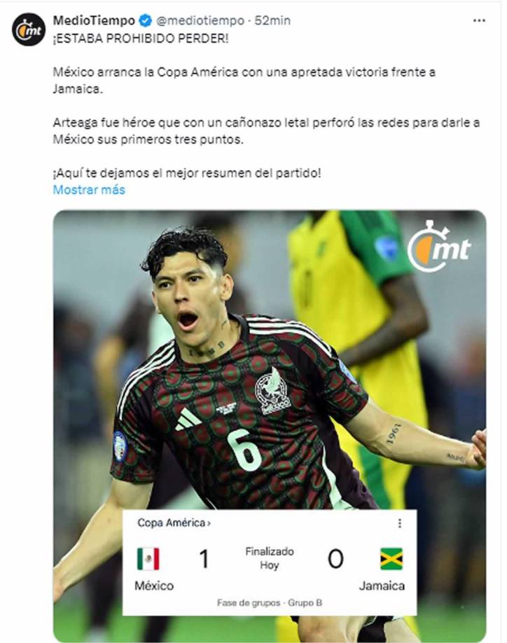 Medio Tiempo - “!Estaba prohibido perder!. México arranca la Copa América con una apretada victoria frente a Jamaica”.