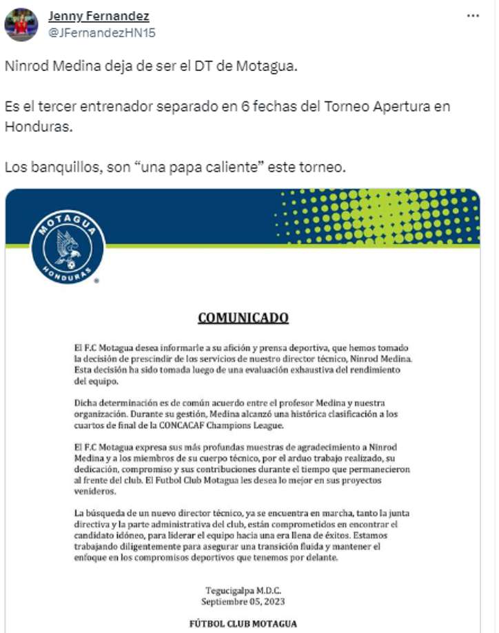 Jenny Fernández, de DIEZ TV: “Ninrod Medina deja de ser el DT de Motagua”.