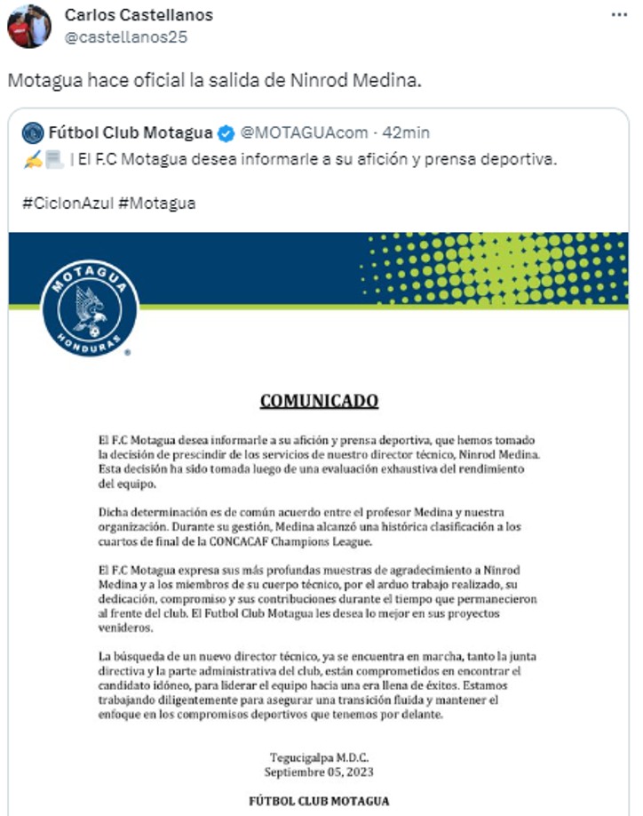 Carlos Castellanos de Diario DIEZ: “Motagua hace oficial la salida de Ninrod Medina”.