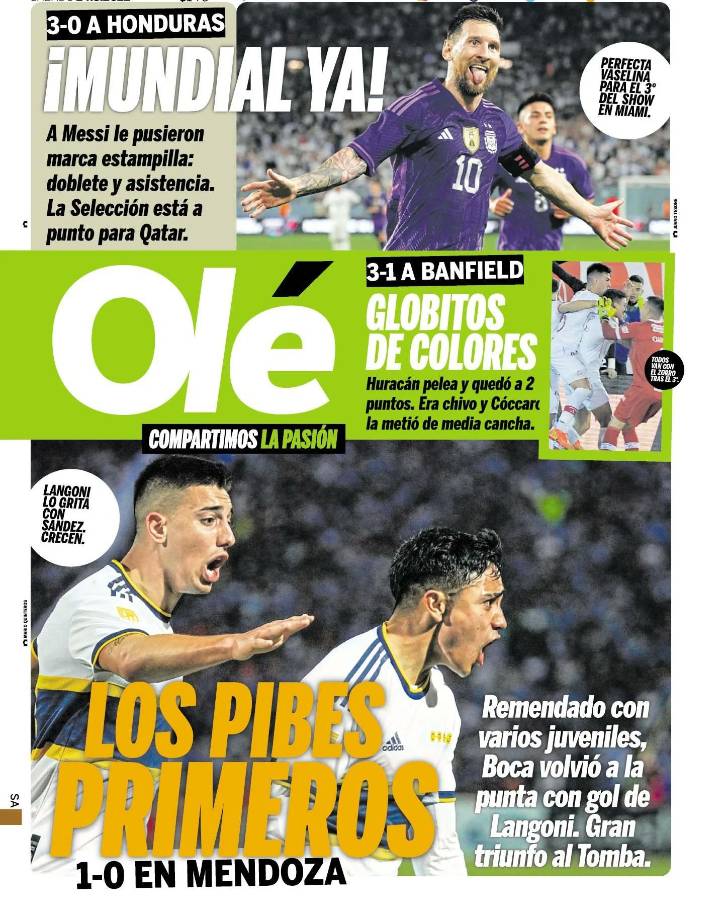 Diario Olé - “¡Mundial ya!”, dice el periódico argentino. “A Messi le pusieron marca estampilla: doblete y asistencia. La Selección está a punto para Qatar”.
