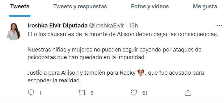 Iroshka Elvir pide “justicia para Allison y también para Rocky”