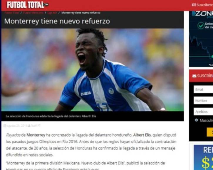 El portal deportivo 'Fútbol Total' informó únicamente la llegada de Alberth Elis como un refuerzo del Monterrey.