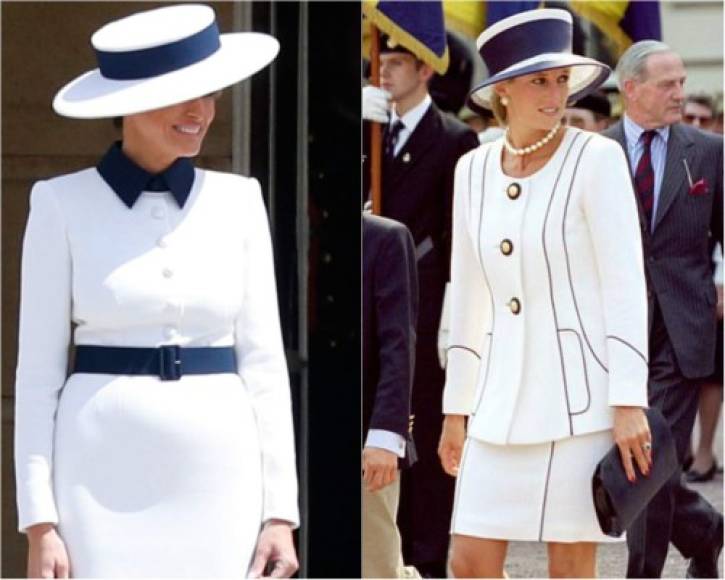 El elegante vestido blanco entallado, con un lazo azul marino en la cintura, es un homenaje de la primera dama estadounidense a la fallecida princesa Diana, según medios británicos. El blanco y el azul eran los colores favoritos de la ex esposa del príncipe Carlos.