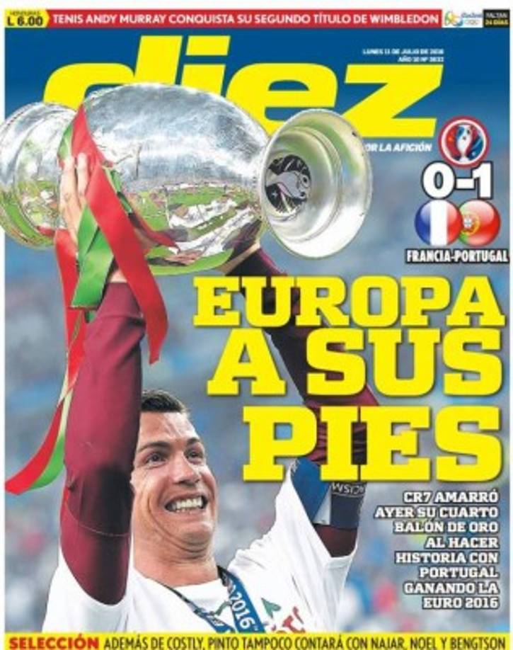 Portada de Diario Diez de Honduras, Cristiano Ronaldo es campeón de Champions y la Eurocopa .