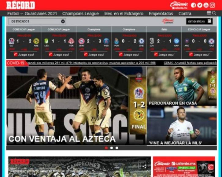 Récord en su portal web titula que el América se va “con ventaja al Azteca“ contra el Olimpia.