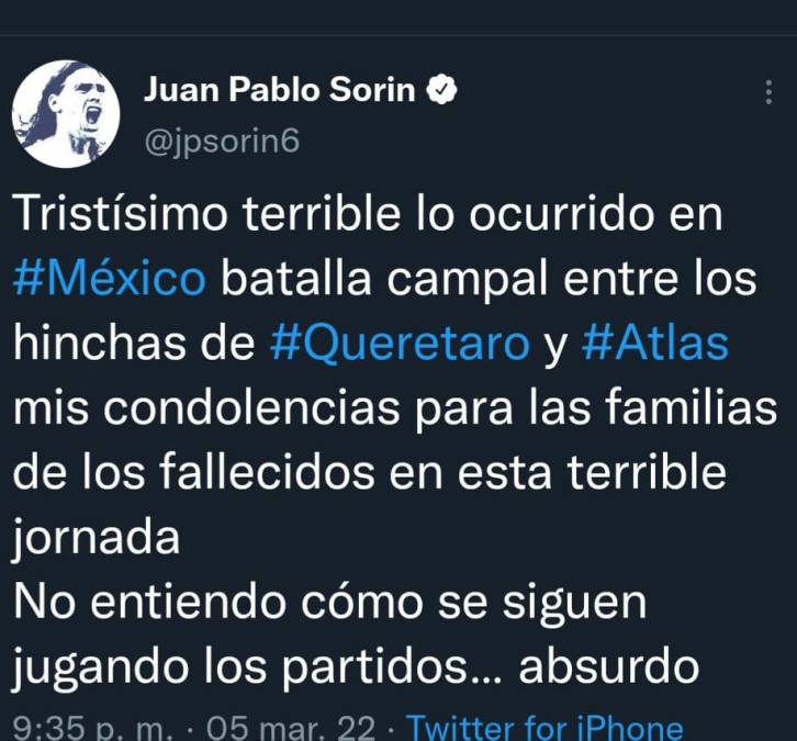 El exjugador argentino Juan Pablo Sorín dejó sus comentarios sobre lo ocurrido.