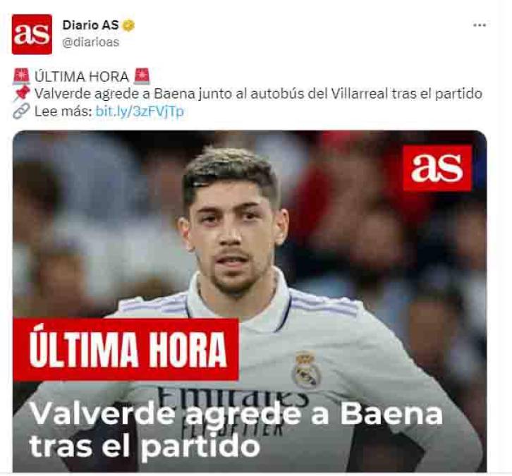 Según diversos medios españols, el uruguayo Fede Valverde del Real Madrid agredió al jugador Baena del Villarreal.
