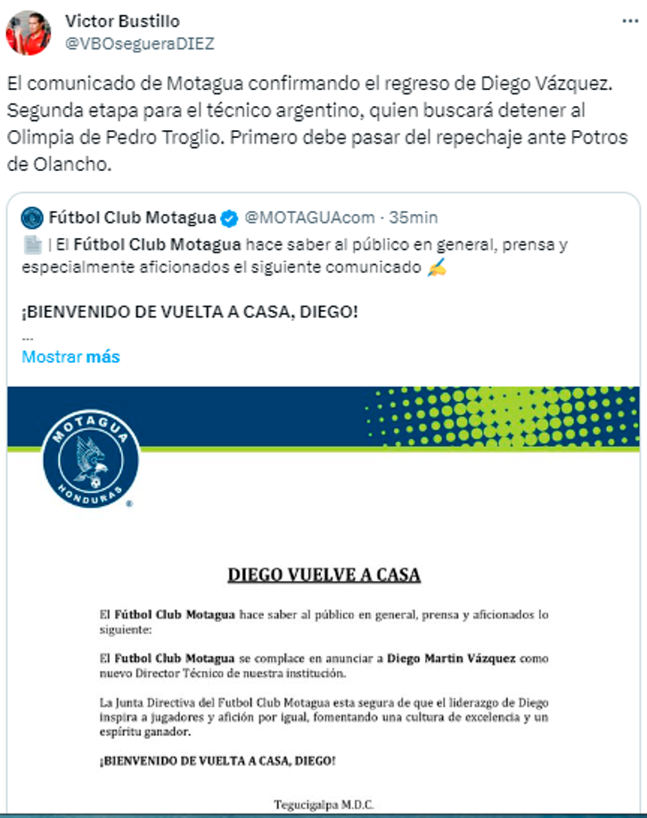 Victor Bustillo de Diario DIEZ: “Segunda etapa para el técnico argentino, quien buscará detener al Olimpia de Pedro Troglio. Primero debe pasar del repechaje ante Potros de Olancho”.