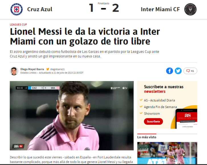 Diario AS de España: “Lionel Messi le da la victoria a Inter Miami con un golazo de tiro libre”.