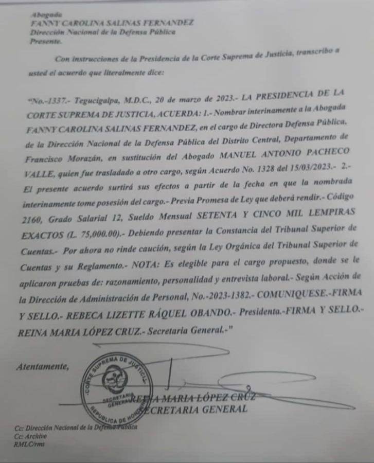 Documento de nombramiento de la abogada Fany Carolina Salinas Fernández.