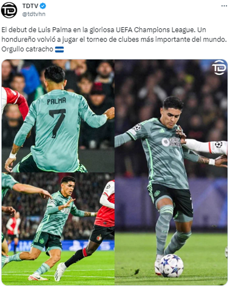 TDTV: “La emoción de Luis Palma al escuchar el himno de la Champions. La felicidad de jugar en la noches mágicas. Momentazo para el hondureño”.