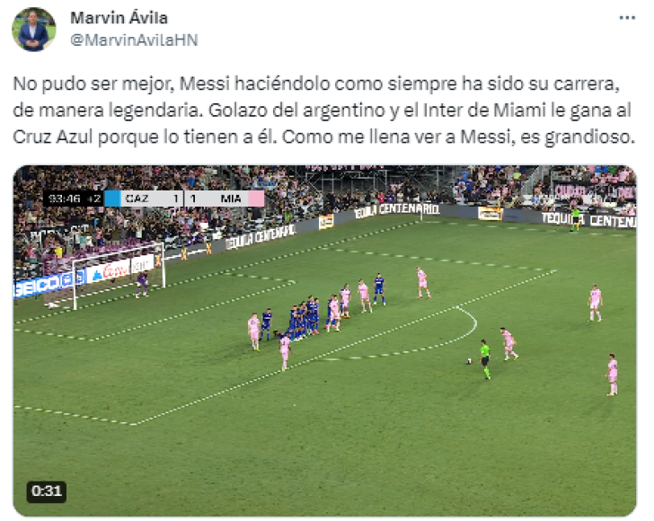 Marvin Ávila, periodista hondureño: “No pudo ser mejor, Messi haciéndolo como siempre ha sido su carrera, de manera legendaria. Golazo del argentino y el Inter de Miami le gana al Cruz Azul porque lo tienen a él. Como me llena ver a Messi, es grandioso”.