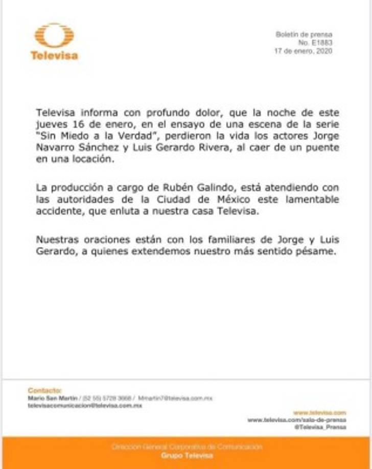 La televisora emitió un comunicado sobre el lamentable accidente y dio su pésame a los familiares de los actores. También aseguró que las autoridades se están encargando de lo ocurrido.