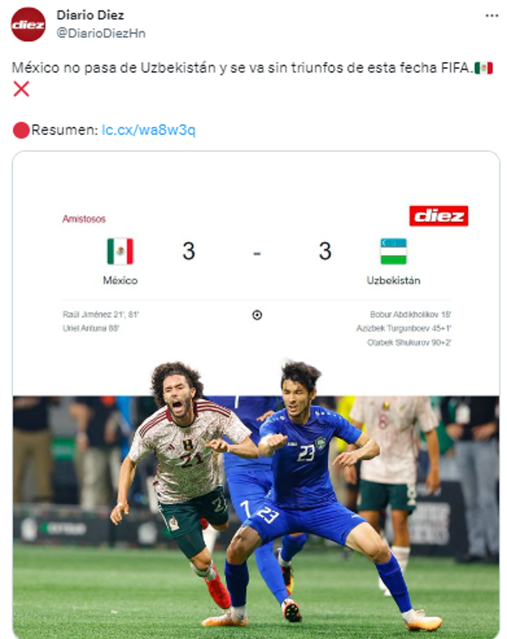 Diario DIEZ: “México no pasa de Uzbekistán y se va sin triunfos de esta fecha FIFA”.