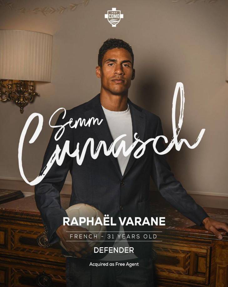 OFICIAL / El Como 1907, que esta temporada jugará en la Serie A italiana, completó este domingo el fichaje por dos temporadas del defensa francés Raphael Varane, cuya contratación “es una prueba de la ambición del club”, según destacó el español Cesc Fábregas, su nuevo entrenador, en un comunicado de la entidad.