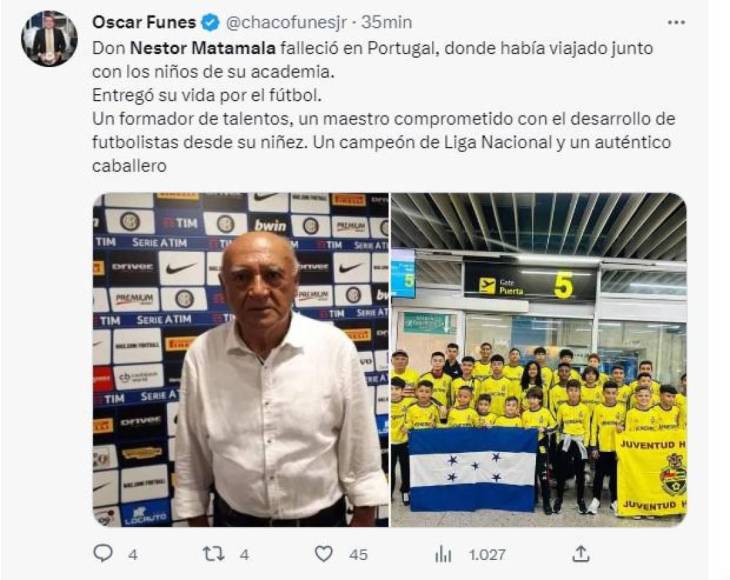 “Un formador de talentos, un maestro comprometido con el desarrollo de futbolistas desde su niñez. Un campeón de Liga Nacional y un auténtico caballero”, escribió el periodista Óscar Funes.