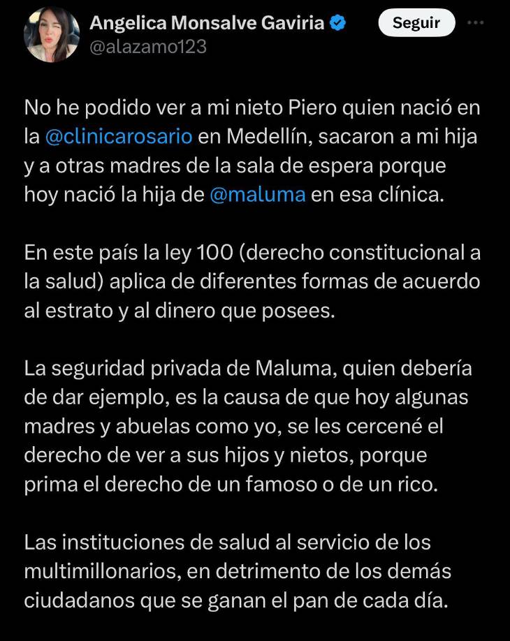 Una usuaria de la red de X (antes Twiter), denominada Angélica Monsalve Gaviria, denunció al artista paisa por la acción que tomó de cerrar el centro hospitalario en Medellín, Colombia.