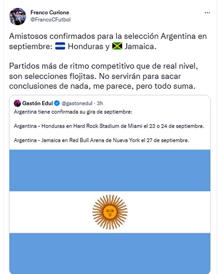 Franco Curione, periodista argentino, cree que estos partidos ante Honduras y Jamaica son “más de ritmo competitivo que de real nivel, son selecciones flojitas. No servirán para sacar conclusiones de nada, me parece, pero todo suma”.