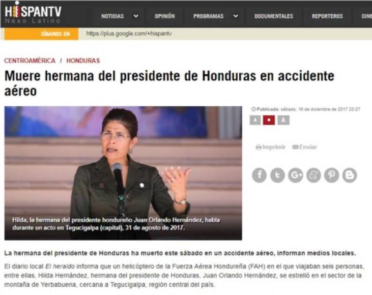 Hispan TV: 'Muere hermana del presidente de Honduras en accidente aéreo'. 'La hermana del presidente de Honduras ha muerto este sábado en un accidente aéreo, informan medios locales'.
